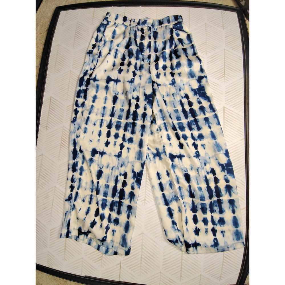 House of Harlow 1960 Blue White Tie Dye Wide Leg Pleated Pants Womens Medium